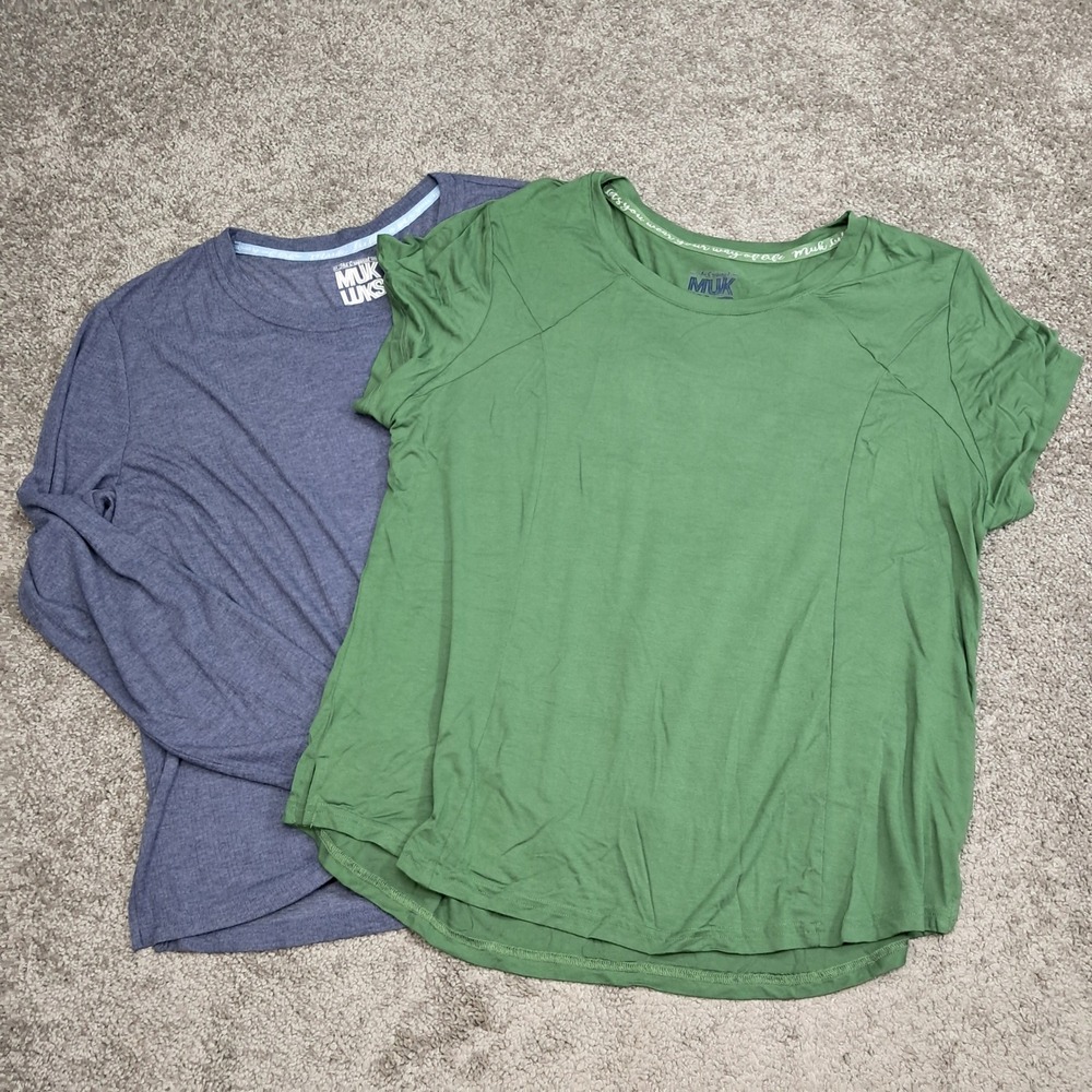 Muk Luks Womens XL Lounge Top Set Blue Long Sleeve Green Short Sleeve 2pc Bundle
